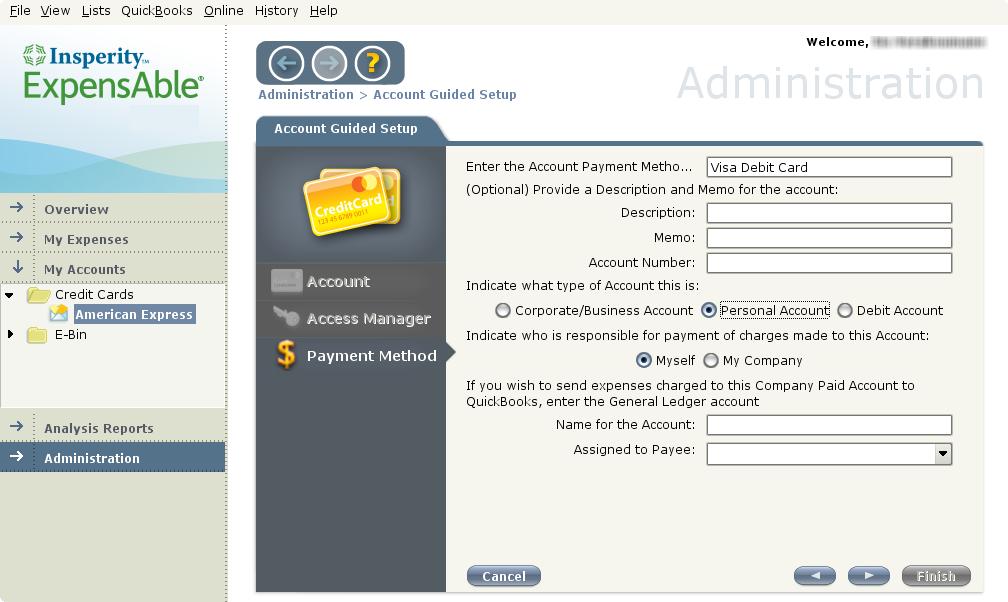 Providing URL of Financial Institution 6. If your card is a personal card, select Personal Account.