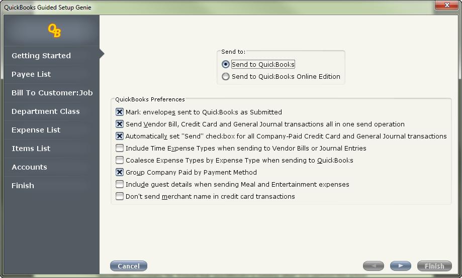To use the QuickBooks Guided Setup in ExpensAble: 1. Select Administration > QuickBooks > QuickBooks Guided Setup.
