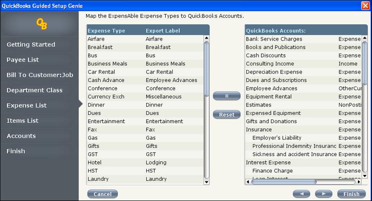 Click button to move to the Expense List screen. Mapping ExpensAble Expense Types to QuickBooks Accounts The list on the left contains the Expense Types in ExpensAble.
