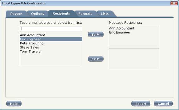 4. If the option Create one file with all exported payees and e-mail to the specified recipients was selected in the Options tab the Recipients tab will display.