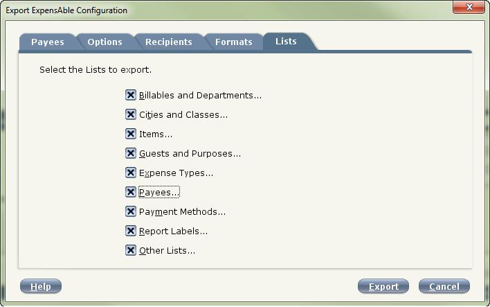 7. In the Lists tab select the different Lists in ExpensAble to export to the recipients.