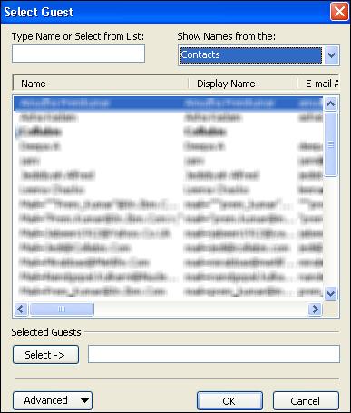 Viewing the Select Guest window 5. Select the names you want to import from your Outlook contacts list, and click Select.