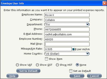 Show Bill To: This defaults from Administration > User Info. If selected, the Bill to field shows for each expense entry. If it is not selected, the Bill field will not show.