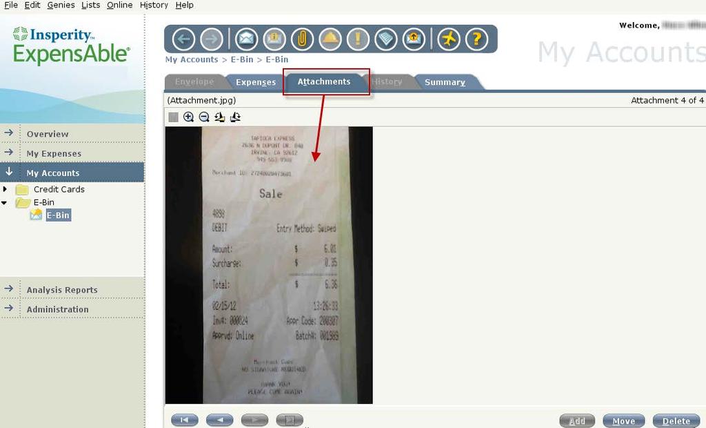 View of Receipts Attached to Report via Attachments Tab Both methods of viewing mobile receipts provide tools that allow you to zoom in/out or rotate the image.