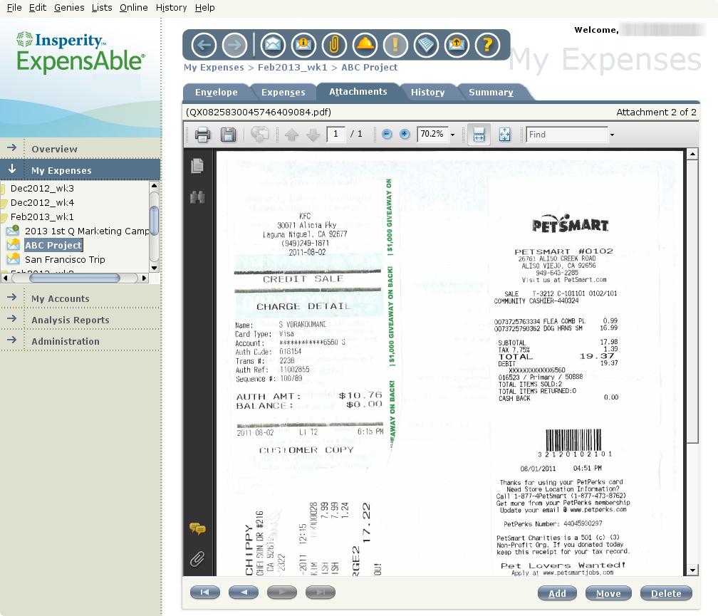 Attaching Receipts ExpensAble supports the attachment of receipt image files in the following formats: *.bmp, *.gif, *.jpg, *.tif,.png and *.pdf.