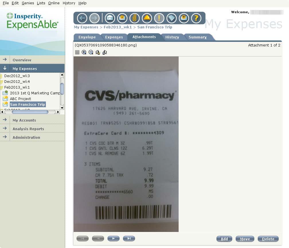 Attaching a PNG Image File You can view, move to another envelope, or delete attached receipts.