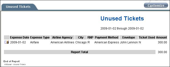 Creating an Unused Ticket Report The Unused Ticket report provides a summary of all expense transactions that have the Ticket Used checkbox on the expense entry screen selected.
