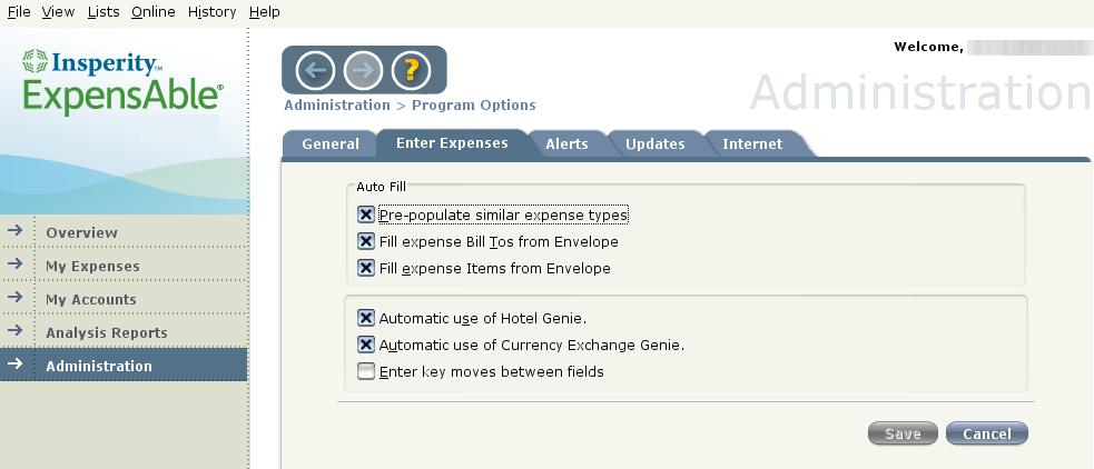 Enter Expenses The Enter Expenses tab provides options to assist in expense entry such as auto-population, auto-fill from envelope and automatic use of Genies. To configure the program options: 1.