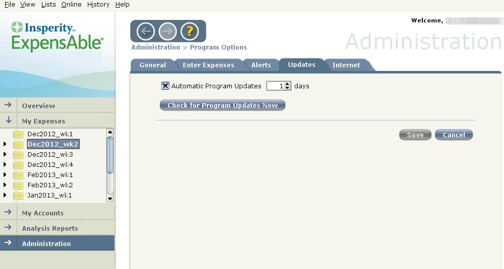 Updates The Updates tab provides options for you to determine when the program should automatically look for updates and also supports the ability to force a check for updates.