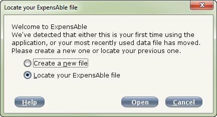 If you are an existing customer upgrading to ExpensAble and see the following screen, you have either moved or renamed your default data file and will need to locate it.