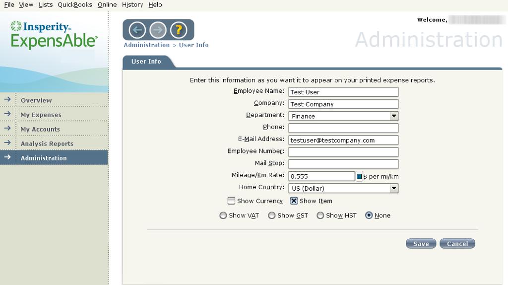 Customizing User Info The User Info option of Administration displays information about the user. This screen can also be accessed through the Edit menu. To access the User Info screen: 1.