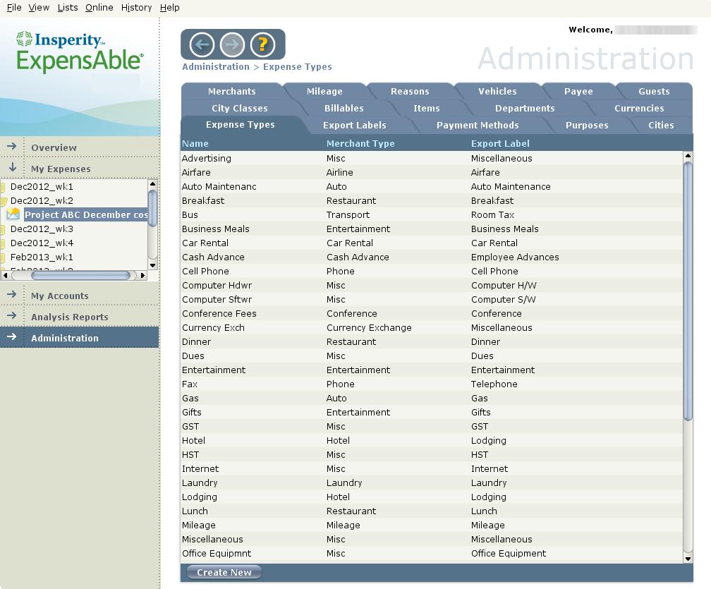 Viewing the Lists screen Below are the following List items: Expense Types Export Labels Payment Methods
