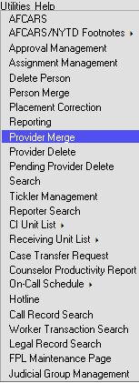 DESKTOP MENU PROVIDER MERGE PAGE Click Utilities > Provider Merge from the Utilities menu. FSFN allows multiple provider merges; however, the worker must complete each merge separately.