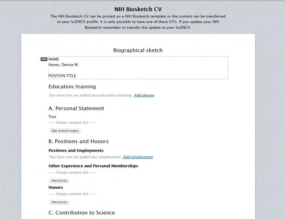 NIH Biosketch is created by clicking the NIH Biosketch CV