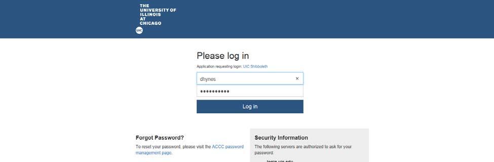 Experts are then required to enter their UIC/ shibboleth credentials and click the Log in button.