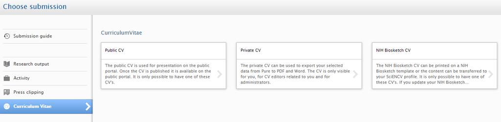 Vitae dialog box which shows the available CV types (e.g. Public, Private and NIH Biosketch CVs).