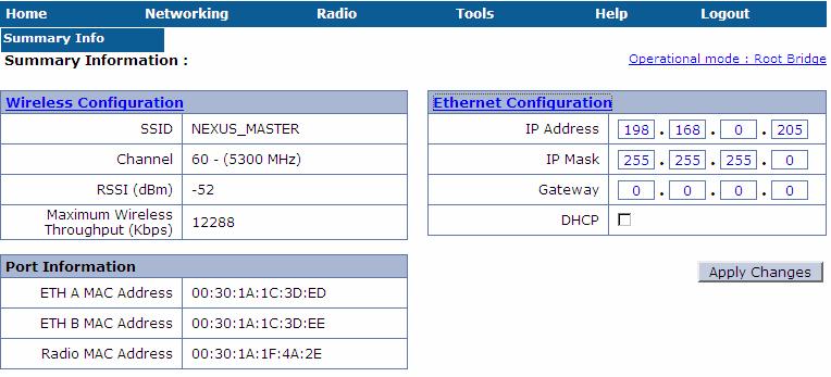 Figure 14 Root Bridge Ethernet Configurations 2.7.2. Wireless Configurations The wireless parameters need to be configured for the Root Bridge device to communicate with other airhaul Remotes.