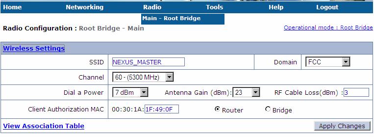 Figure 15 Root Bridge Wireless Settings The following table summarizes the information for the wireless settings.
