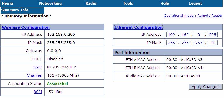 Figure 25 Remote Router Ethernet Configuration 2.9.2. Wireless Configuration The wireless parameters need to be configured to allow the Remote Router airhaul unit to associate with a Root Bridge airhaul unit.