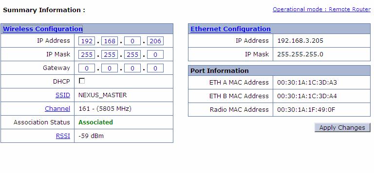 Figure 30 Remote Router Wireless IP Configuration In order for the Remote Router device to associate with the Root Bridge device, the user needs to configure the Root Bridge s SSID, radio s MAC and
