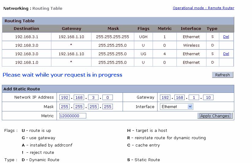 Step 1 Step 2 Step 3 Click on Networking Routing Table from the menu bar to access the view routing table page. Click on Del on the right hand side of the route entry to be deleted.