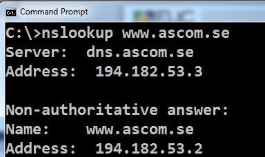 Company example DHCP Client DHCP Client DNS Configuration: WWW.ASCOM.SE is 194.182.53.2 DNS.ASCOM.Se is 194.182.53.3 Forward unknown requests to 192.71.13.54 Net: 194.182.53/24 1 2 3 Router/ Firewall 4 WEB server DNS Server DHCP Server Internet DNS server 192.