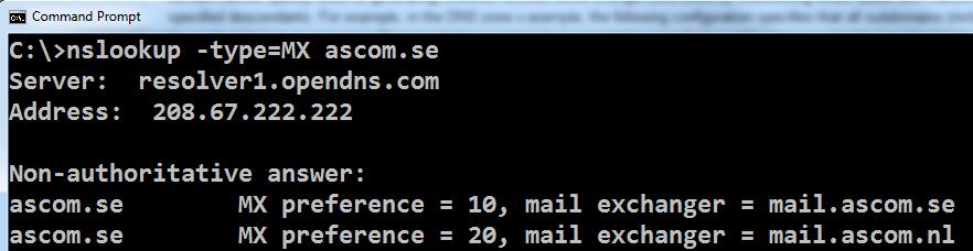 MX Mail exchange DNS zone records Shows Mail servers for the domain. The ascom.se domain has two mail servers Mail.ascom.se and mail.ascom.nl The mailserver with lowest preference has highest priority and will be used first.