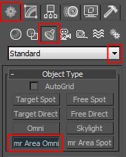 On your create tab, find the lights button and in the drop down menu find Standard Lights. We will use a "mr Area Omni" for this one. The mr stands for Mental Ray of course!