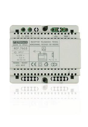 STAND-ALONE Radio Frequency DIN Rail Receiver Ref. 7903 433.9 MHz monochannel receiver. Trinary technology. The receiver accepts all emitters (ref.79561) coded with the same code.