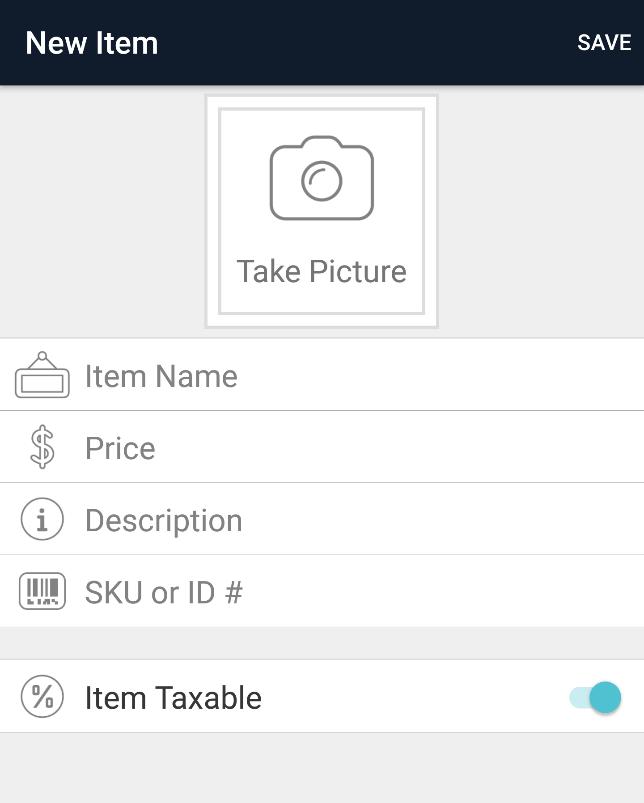 Specify item Name, Price, Description, and Identifier. Identify an item as taxable with the toggle.