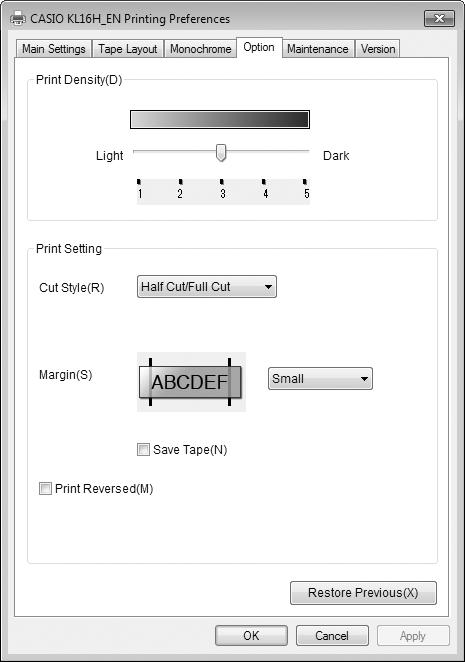 Option Use the Option tab to configure Print Density and Print Setting settings. 1 Print Density (D) Adjusts the print density. Adjust this setting when printing results are smudged or too dense.