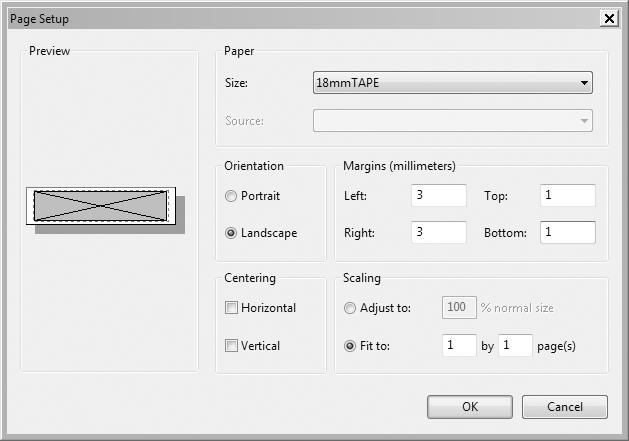 Example Printing Preferences Main Settings Tab Select Tape: 18mmTAPE Tape Direction: Horizontal Option Tab Cut Style: Half Cut/Full Cut Margin: Small 5 After you are finished configuring settings,