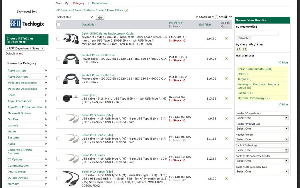 You may also sort the information based on any of the headers that are in green, such as Sell Price or Mfr Part #, as well as choosing In Stock Only to narrow your selection If the Product
