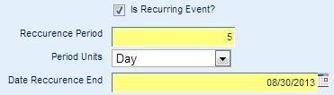Period Units: Select the unit of time the event is to generate by. (e.g. by days, by weeks, or by months) Date Recurrence End: Select the date the event is to stop recurring.
