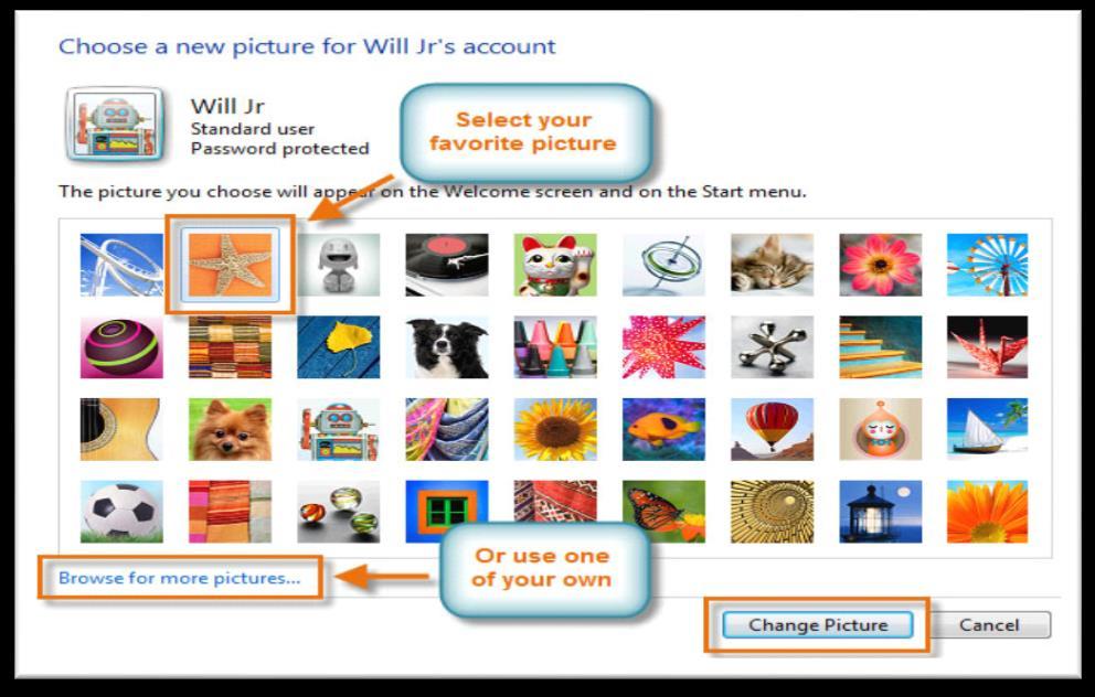 3. Select a picture, or click Browse for more pictures to select one of your ownpictures. 4. Click Change Picture. Lesson 4 - How to Crack windows 7 password without Software 1.