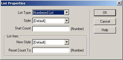 Creating Lists <ul>, <ol> You can add a new list by choosing Insert > HTML > Text Objects and then selecting the desired option, Unordered List, Ordered List or List Item.