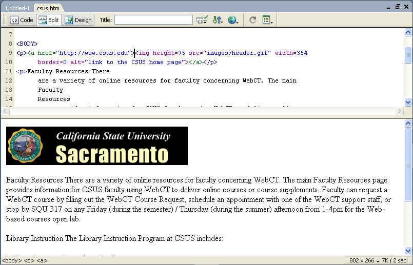 Document Window The Document window contains the toolbar, document title, file name, Code View window to view the HTML code, and the WYSIWYG window to view your Web page graphically (Design View).