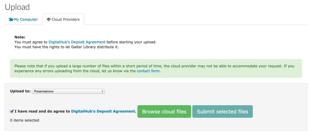 You will see an option to upload your files from cloud providers. Currently we support upload from Google Drive and Box (see photo). 6. Click the button.