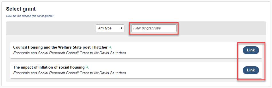 7. You will then be taken to the Link Funding screen to link the publication to a grant. You will see your grants listed. The list can be filtered by name.