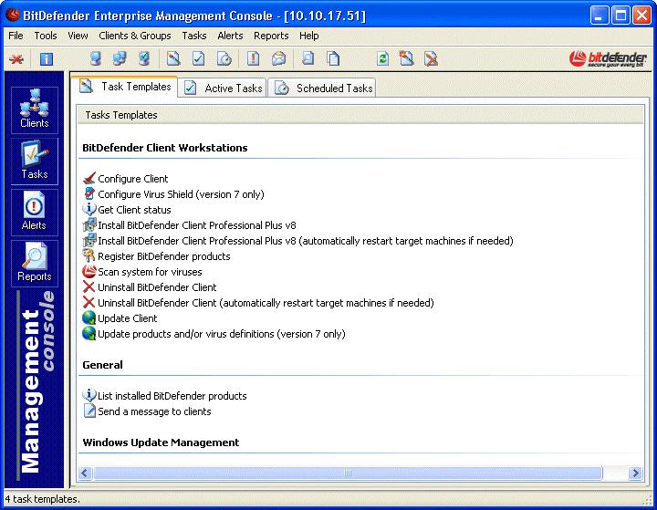 Tasks administration To manage the tasks, click Tasks in the configuration bar. The Tasks window is structured in three sections: Tasks Templates, Active Tasks and Scheduled Tasks.