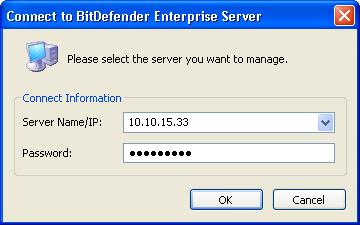 Protection configuration Each time you open the BitDefender Management Console a connection window will appear: Type in the name or the IP of the computer where BitDefender Enterprise Server is