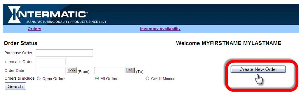 Entering Orders To create a new order, click the Create New Order button on the order status screen. The order header screen will need to be completed before adding items to the order.