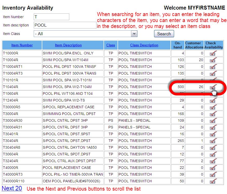 Inventory Availability The inventory status can be checked by clicking the Inventory Availability option.