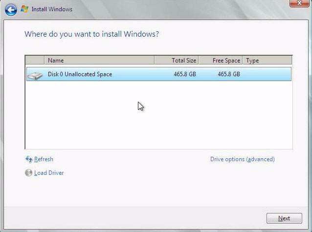 The Where Do You Want to Install Windows dialog