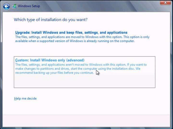 10. For all new installations, in the Which Type of Installation Do You Want dialog, click Custom: Install Windows