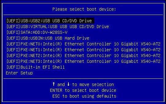 In the BIOS screen, press F8 to specify a temporary boot device. The Please Select Boot Device menu appears.