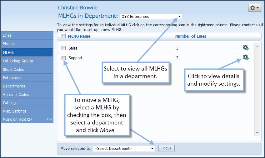 Figure 16 Admin MLHG display From the MLHG display screen you can manage all of the MLHGs in your business group or department.