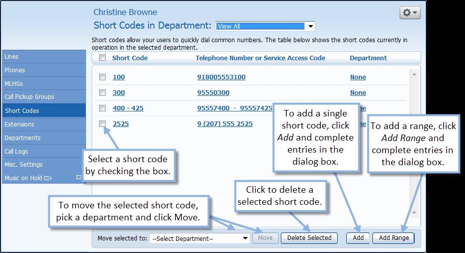Figure 25 Short codes display To move short codes between departments, follow these steps: 1.