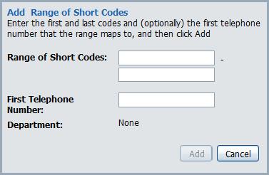 To create a new short code range, follow these steps: 1. Click Add Range. 2. Enter the first and last numbers of the short code range in the dialog box (Figure 27). 3.