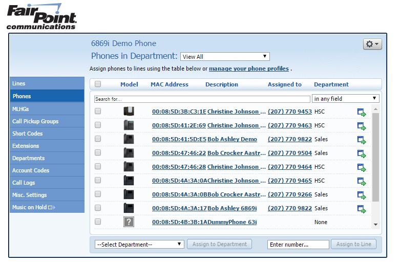 Figure 5 Manage Lines From this page you may move lines between departments and log in to any user s account.